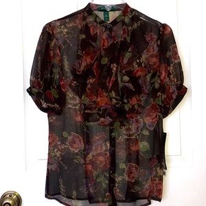 Lauren Ralph Lauren Sheer Silk Brown Green Floral Print Ruffles